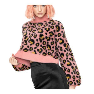 NWT For Love & Lemons Sweater Pink Turtleneck Long Puff Sleeve Cropped Fuzzy Top